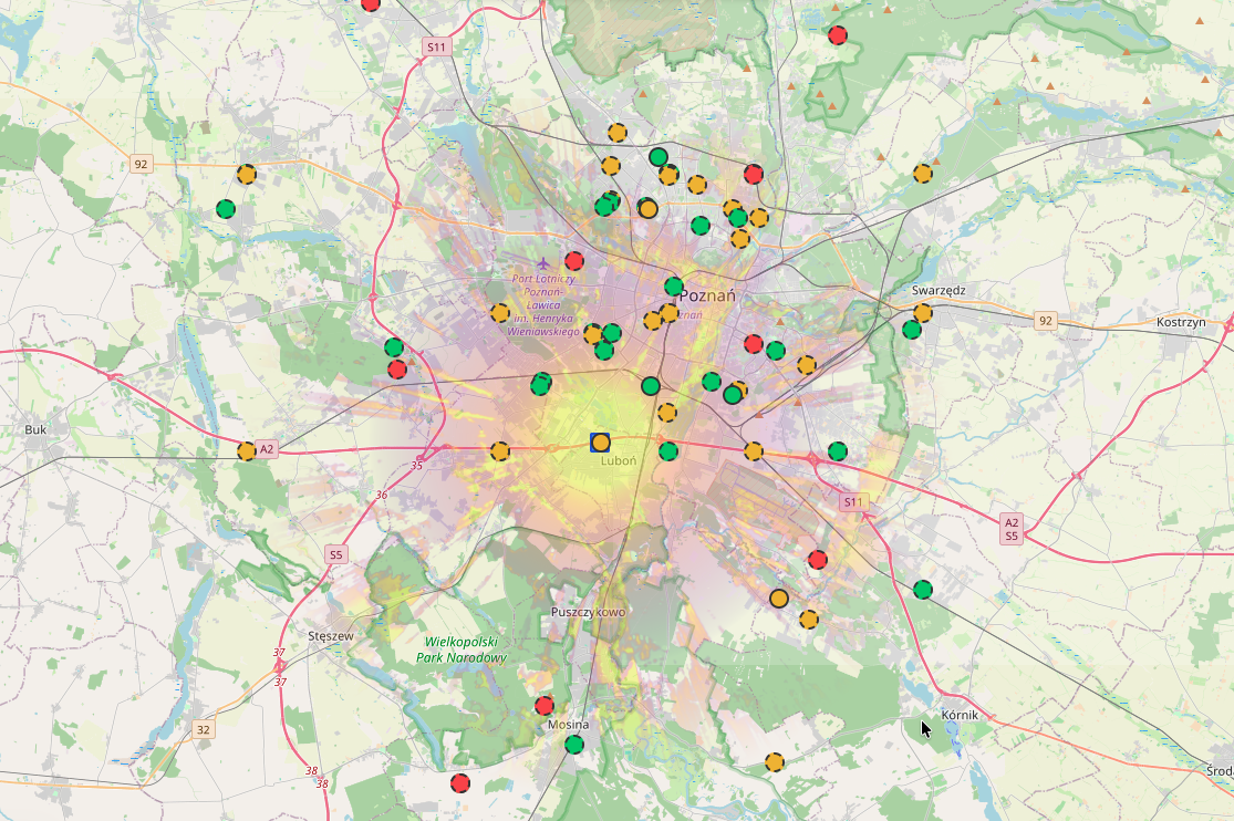 RF coverage map overlay — Poznań, Poland